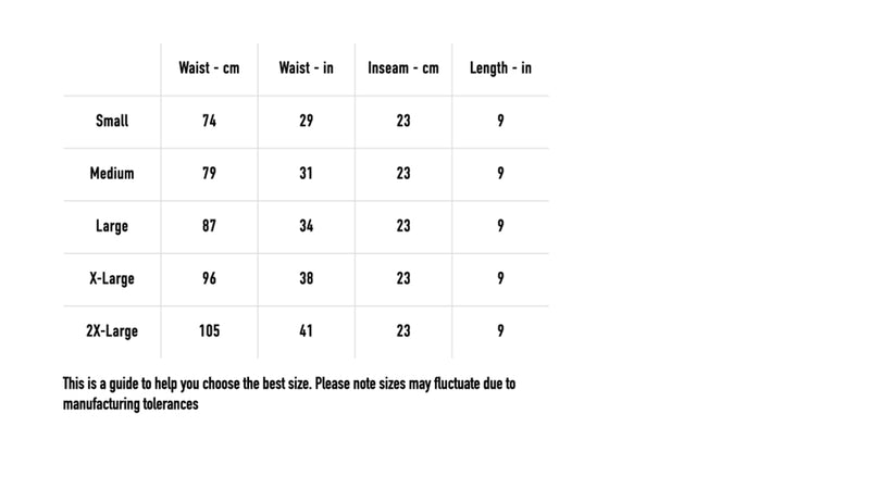 Size chart for Misery Crew Shorts - Black