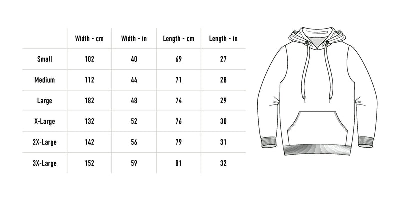 Size chart for Misery Crew Hoodie - Black