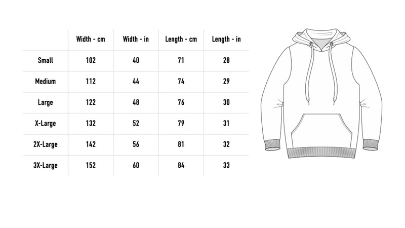 Size chart for Friday The 13th Hoodie