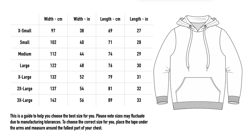Size chart for Grizzly Mask Hoodie - Black