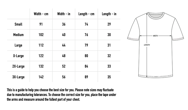 Size chart for US Flag Mask Tee - Black